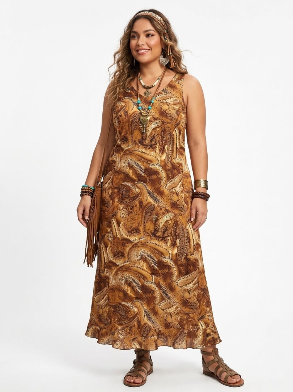 Boho Goblincore Chocolate Brown Paisley Maxi Dress Bias Cut Earthy Ruffle Y2K